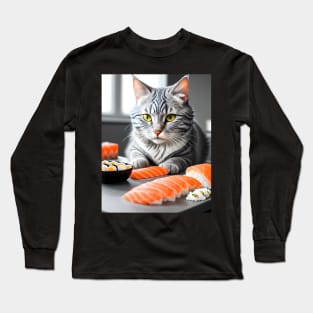 Cat Eating Sushi - Modern Digital Art Long Sleeve T-Shirt